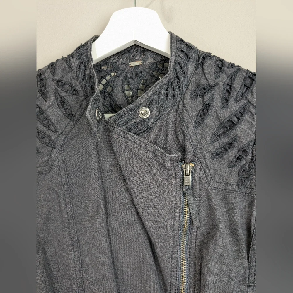 Free People Black Moto Jacket Cutwork Asymmetrical Zip Embroidered Shoulders